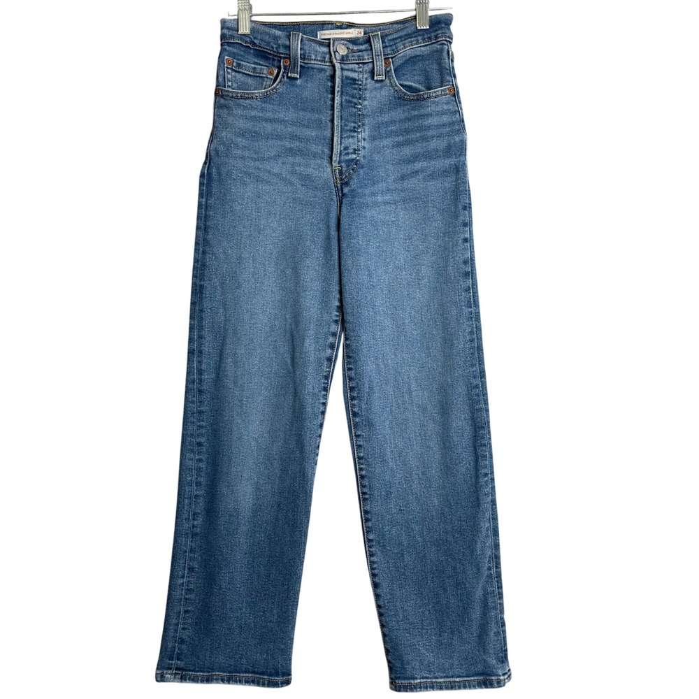 Levi's Ribcage Straight Leg Ankle Jeans Womens‎ 24 Medium Wash Button Fly Denim